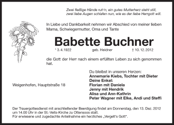 Traueranzeige von Babette Buchner von Pegnitz-Zeitung